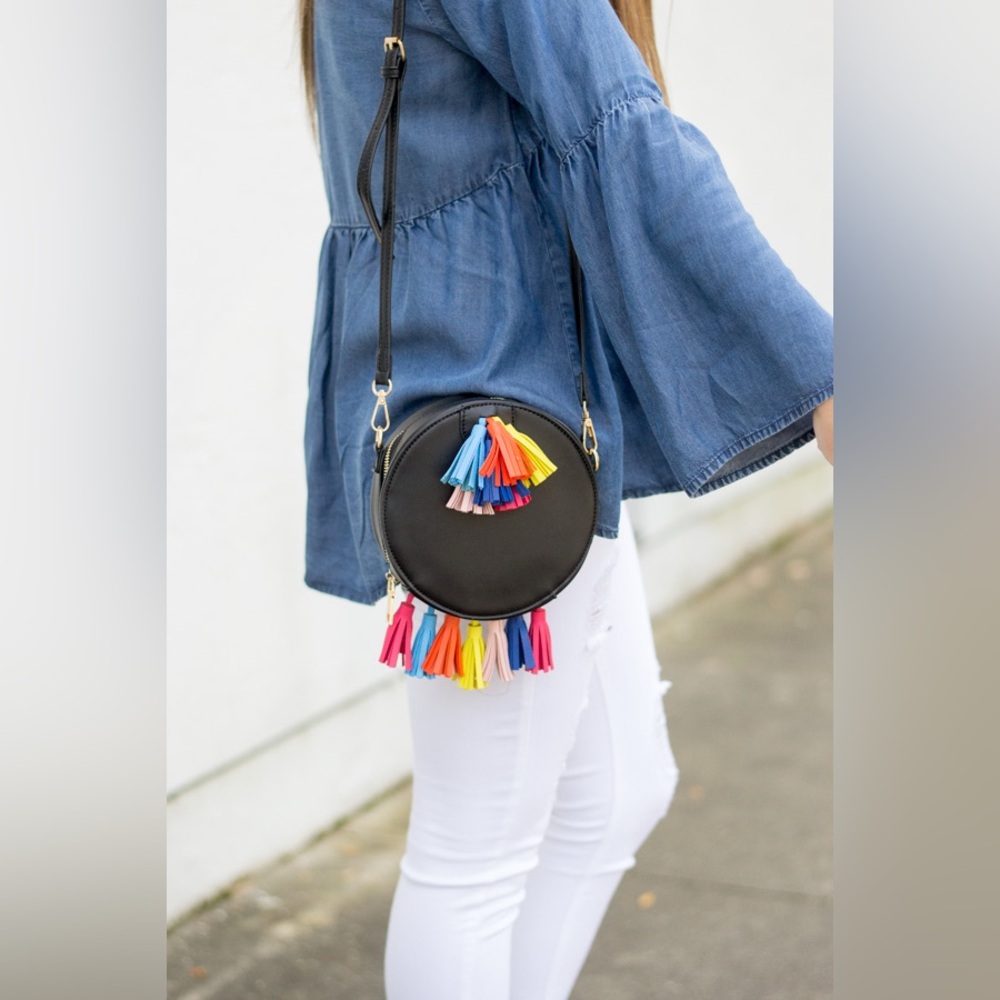 Black faux leather colorful tassel round crossbody vacation festival boho bag
